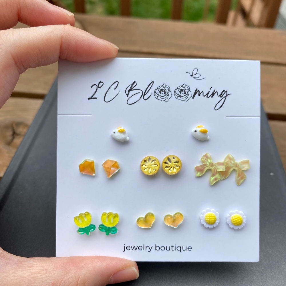 Y2K yellow series Translucent anti allergy Stud Earrings Set of 7
